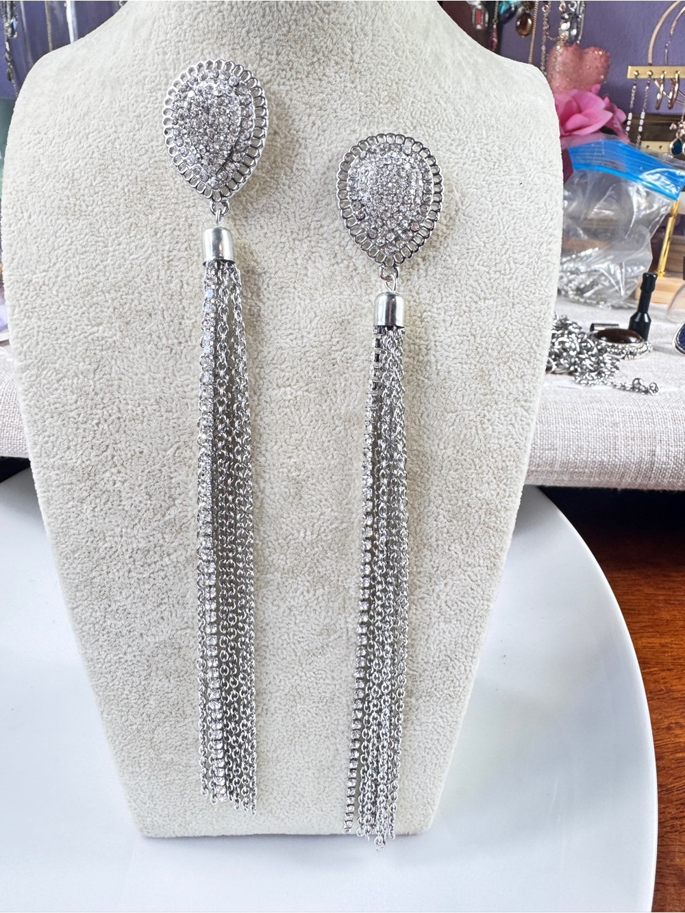 Zara Silver Crystal Teardrop Tassel Earrings